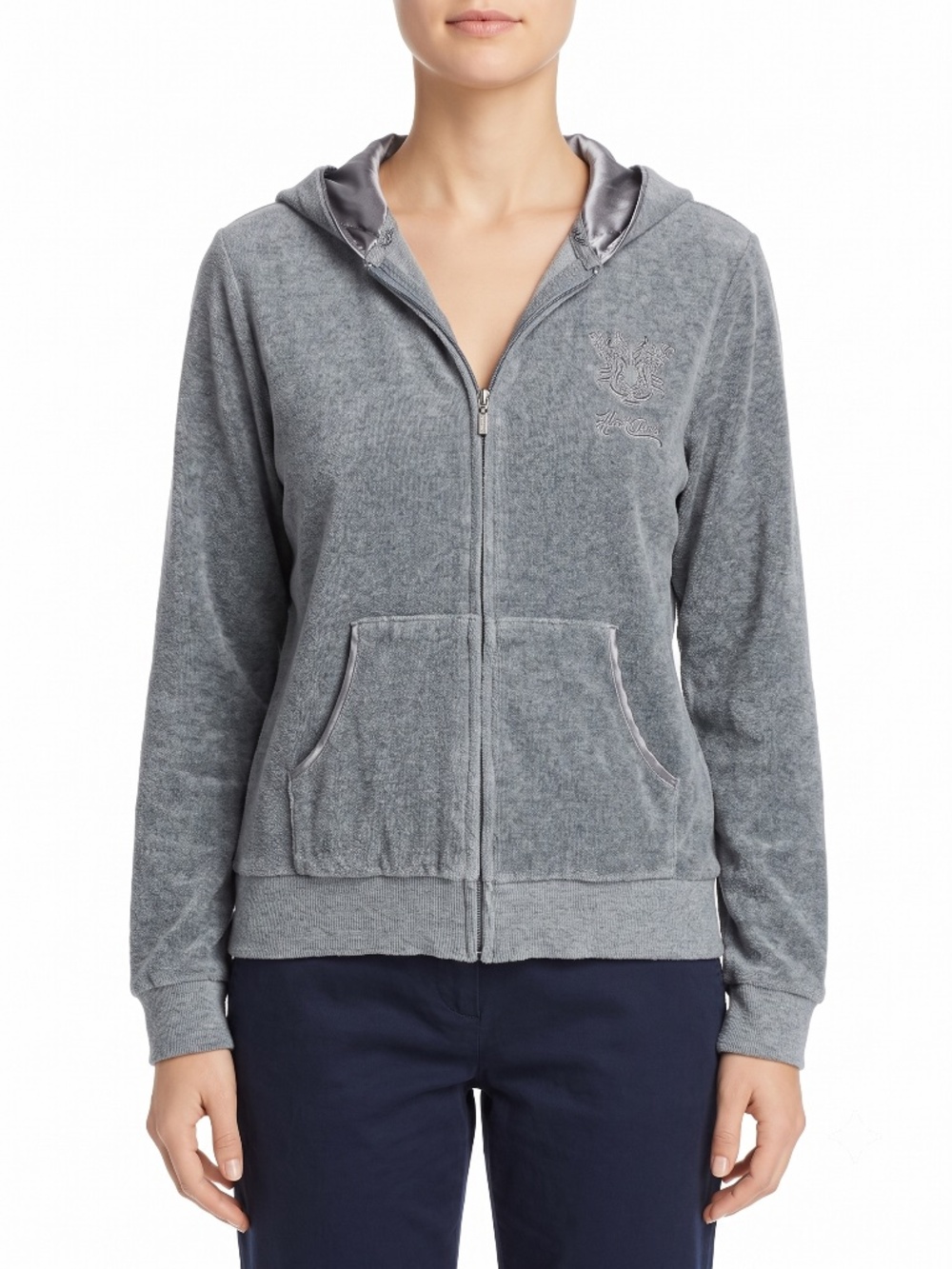 Hale Bob Craft Women M Gray Zip Up Hoodie Jacket Embroidered Crest Satin Trim